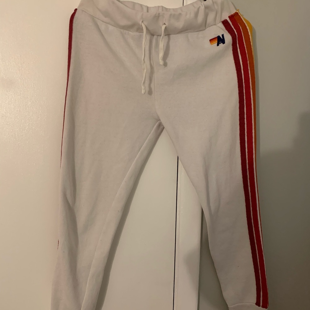 aviator nation women’s 4 stripe white sweatpants